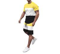 Men's Modern Fit Men's Summer Spring Summer Striped Squares Tracksuit 2-Piece Outfits Short Sleeve T-Shirts Shorts Jogging Sets Sporty Sports Suit Sweatsuits Airport Vest, yellow, XL