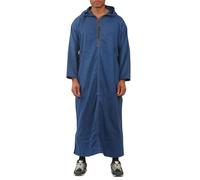 Men's Moroccan Thobe Blue Hooded Djellaba Jubba Islamic Clothing Kaftan Eid Robe Arab Warm Coat - Blue XL-60