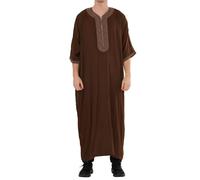 Men's Moroccan Thobe Half Sleeve Gandoura Embroidery Kaftan Eid Ramadan - Brown 52