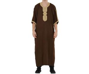 Men's Moroccan Thobe Half Sleeve Gandoura Embroidery Kaftan Eid Ramadan - Brown Beige 54