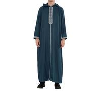 Men's Moroccan Thobe Hooded Djellaba Gandoura Embroidery Kaftan Eid Robe Hood Jubba - Aqua 56