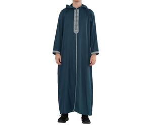 Men's Moroccan Thobe Hooded Djellaba Gandoura Embroidery Kaftan Eid Robe Hood Jubba - Aqua 62