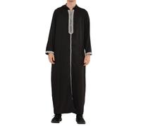 Men's Moroccan Thobe Hooded Djellaba Gandoura Embroidery Kaftan Eid Robe Hood Jubba - Black Silver 56
