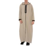 Men's Moroccan Thobe Hooded Djellaba Gandoura Embroidery Kaftan Eid Robe Hood Jubba - Grey Black 62