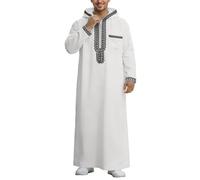 Men's Moroccan Thobe Hooded Long Sleeve Kaftan Robe Full Length Muslim Abaya with Pockets Embroidery Hooded Jubba Dress for Eid Prayer White