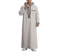 Men's Moroccan Thobe Hooded Long Sleeve Kaftan Robe Full Length Muslim Abaya with Pockets Embroidery Hooded Jubba Dress for Eid Prayer Grey