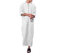 Men's Moroccan Thobe Long Sleeve Lightweight Breathable Loose Robe with Side Slit Pocket Comfortable Daily Wear Linen Middle Eastern Dishdasha