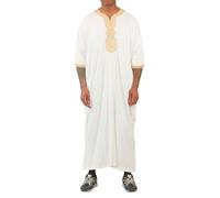 Men's Moroccan Thobe Short Sleeve Gandoura Embroidery Kaftan Jubba - White Gold 58