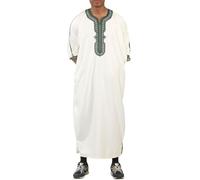 Men's Moroccan Thobe White Gandoura Short Sleeve Jubba Islamic Clothing Kaftan Eid Robe Arab Green Embroidery - White Green S-54