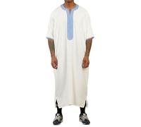 Men's Moroccan Thobe White Gandoura Short Sleeve Jubba Kaftan Eid Robe Arab Blue Embroidery - White Blue M-56