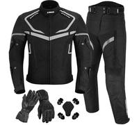 Mens Motorbike 2 Piece Suit Cordura Motorbike Jacket and Trousers CE armoured Waterproof protective Gear with leather Gloves all season suit (Black, XL)