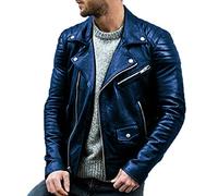 Men's Motorbike Rock Punk Biker Leather Jacket Multi-Zipper Design Harley Jacket Coat Blue