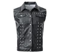 Mens Motorcycle Gilet Sleeveless Faux Leather Jacket Turn Down Collar Button/Zipper PU Waistcoat Zip Up Biker Motorcycle Vest Retro Vintage Punk PU Leather Coats Slim Fit Black Waistcoat Coats