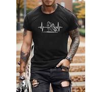 Men's Motorcycle Graphic Black Crew Neck Tee with White Line Art T Shirt