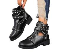 Men's Motorcycle Leather Shoes Steampunk Combat Vintage Rivets Studded Shoes Buckle Ankle Boots with Anti Slip Hollowing Square Heel Low Tube Fashion Biker Boots Size 7 Black