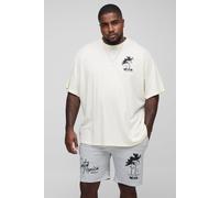 Mens Multi Plus Oversized Santa Monica Palm Print T-Shirt & Slim Short Set, Multi 3XL