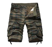 Men's Multi-Pocket Casual Plaid Beach Shorts Breathable Lightweight Elasticated Waist Cargo Work Outdoor Cotton Sports Shorts Sports Running Jogging Training Fitness Army Green