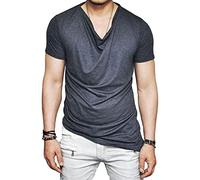 Men's Muscle Casual T Shirts Stretch Short Sleeve Henley Top T Shirts V Neck Bodybuilding Workout Tee Shirts, Dark Grey, Medium