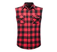 Men's Muscle Cut Off Sleeveless Shirts Slim Fit Button Down Vests Vintage Cowboy Plaid Tank Tops Casual Flannel Shirt Red