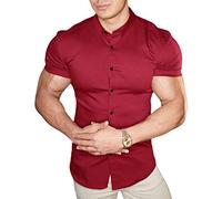 Men's Muscle Dress Shirts Slim Fit Stretch Long&Short Sleeve Casual Button Down Shirt