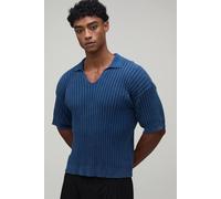 Men's Muscle Fit Acid Wash Ribbed Knitted Polo | Blue | Size Medium | BOOHOOMAN