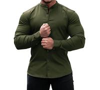 Men's Muscle Fit Banded Collar Long Sleeve Dress Shirt Casual Button Down Dress Shirts Solid Color Collarless Shirt for Men