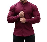 Men's Muscle Fit Banded Collar Long Sleeve Dress Shirt Casual Button Down Dress Shirts Solid Color Collarless Shirt for Men(Wine,XX-Large)