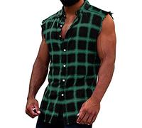 Men's Muscle Fit Sleeveless Cut off Plaid Flannel Shirt, Flannel Plaid Tank Tops Casual Button Down Cowboy Vest Shirts(Green,Large)