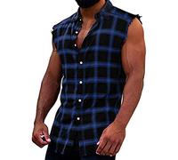 Men's Muscle Fit Sleeveless Cut off Plaid Flannel Shirt, Flannel Plaid Tank Tops Casual Button Down Cowboy Vest Shirts(Dark Blue,X-Large)