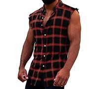 Men's Muscle Fit Sleeveless Cut off Plaid Flannel Shirt, Flannel Plaid Tank Tops Casual Button Down Cowboy Vest Shirts(Red,X-Large)