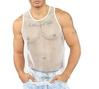 Men's Muscle Transparent Shirts Sleeveless Mesh Undershirt T-Shirt with Tight Muscle Fit Vest XL Blk Net - White - L