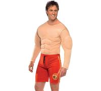 Smiffys Baywatch Lifeguard Costume in Red for Adults, Muscle Chest and Attached Shorts, Officially Licensed Baywatch, Perfect for 90s Themed Beach Parties, Couples, and Lifeguard Fancy Dress
