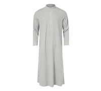 Mens Muslim Kaftan Dresses: Cotton Long Gown Thobe Robe for Men Prayer Dress for Muslim Malaysia Casual Long Sleeve Pocket Loose Robe Casual Loose Dressing Gown Muslim Clothes for Men Grey