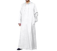 Men's Muslim Robe Arabian Middle Eastern Robe woth Hood Button Up Long Sleeve Jalabiya Gown Solid Comfy Cotton Lounge Shirts Gown with Pockets Prayer Desert Dress Casual Linen Moroccan Thobe White