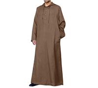 Men's Muslim Robe Arabian Middle Eastern Robe woth Hood Button Up Long Sleeve Jalabiya Gown Solid Comfy Cotton Lounge Shirts Gown with Pockets Prayer Desert Dress Casual Linen Moroccan Thobe Brown