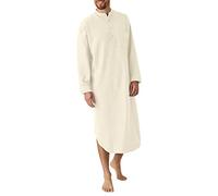 Mens Muslin Shirt Button Front Long Length Shirt Traditional Arabic Solid Color Shirts Long Sleeve Nightshirt Knee Length Pajama Tops Lightweight Lounge Wear Loose Sleepwear Indoor Outdoor Khaki