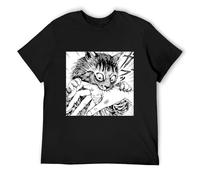Men's My Cute Cat Tomie Junji Ito Vintage Cotton Tees Short Sleeve Manga Crewneck Tops T-Shirts Black L