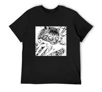 Men's My Cute Cat Tomie Junji Ito Vintage Cotton Tees Short Sleeve Manga Crewneck Tops T-Shirts Black 3XL