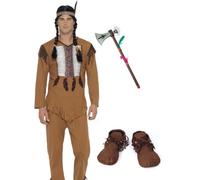 Mens Native American Indian Prince Worrior Man Fancy Dress Costume - Shirt, Trouser, Headpiece, Rope Belt, Shoes And Axe (Chest Size 44")