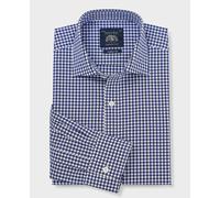 Men's Navy Cotton Poplin Gingham Check Classic Fit Formal Shirt - Single Cuff - Size: 16" x Standard - 34.5" - Savile Row Company