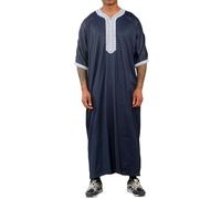 Mens Navy Moroccan Thobe Short Sleeve Gandoura Blue Embroidery Kaftan - Navy Blue M-54