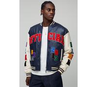 Mens Navy Oversized Boxy Fit Letter Badge Official Applique PU Varsity Bomber Jacket, Navy XL