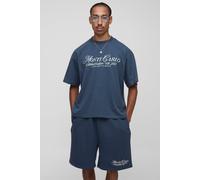Mens Navy Oversized Boxy Heavyweight Slogan T-Shirt & Drop Crotch Short Set, Navy M