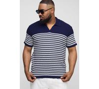 Mens Navy Plus Oversized Boxy V Neck Striped Knitted Polo, Navy 3XL