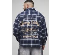 Mens Navy Plus Western Car Back Embroidered check Shirt, Navy 2XL
