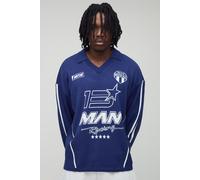 Mens Navy Tall Oversized Boxy Moto Jacquard Knitted Long Sleeve T-Shirt, Navy M