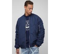 Mens Navy Tall Oversized Peached Embroidered MA1 Bomber Jacket, Navy 2XL