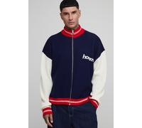 Mens Navy Tall Oversized Zip Up Funnel Neck Homme Knitted Jacket, Navy L