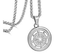 Mens Necklace, Compass Pendant Necklace, Silver Coin Pendant for Men Women, Stainless Steel Chain Necklace, Silver Cuban Chain Necklace, Gift for Men Women (style B,silver wheat chain)