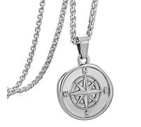 Mens Necklace, Compass Pendant Necklace, Silver Coin Pendant for Men Women, Stainless Steel Chain Necklace, Silver Cuban Chain Necklace, Gift for Men Women (style A,silver wheat chain)